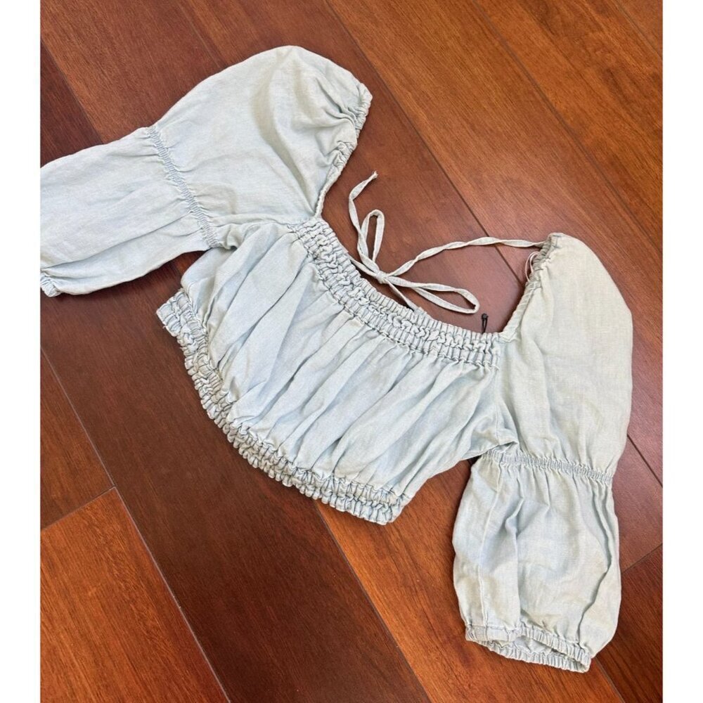 Zara Linen Blend Crop Top Womens Medium Light Blue Peasant Festival Peasant - Picture 2 of 5